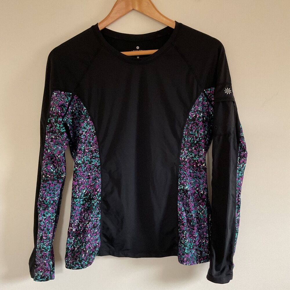 Athleta Womens Santa Cruz Rash Guard Top Size M Black Stretch Pocket Beach Swim
